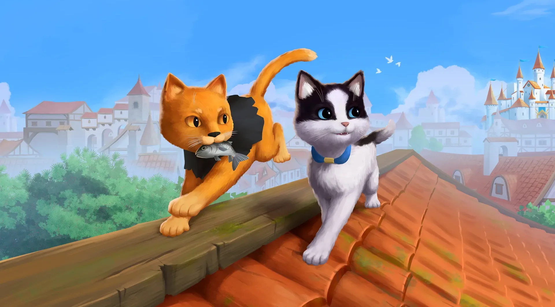 Key art: an orange cat carrying a fish and a black-and-white cat walking along a village rooftop
