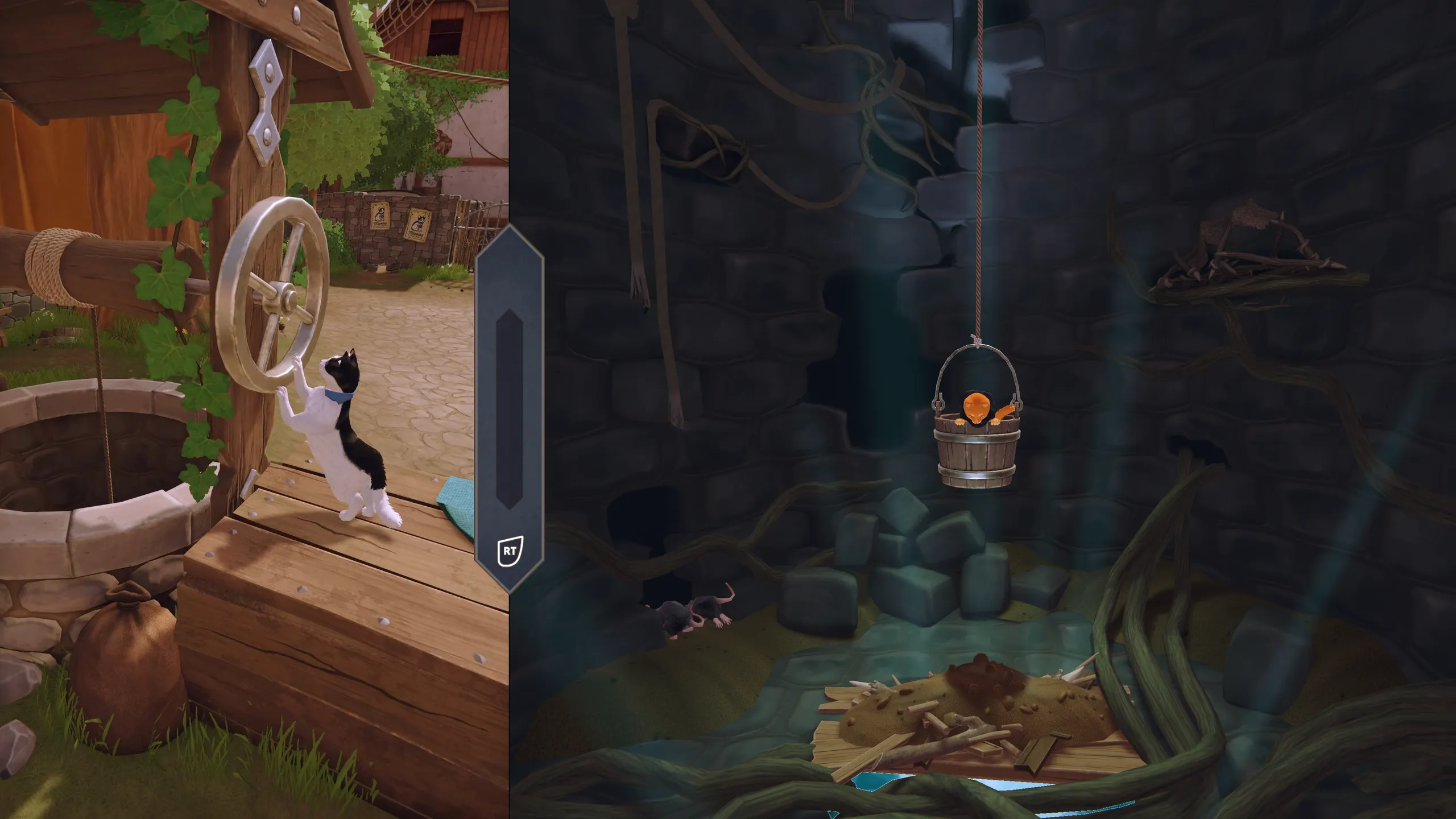 Co-op at the well: one cat turns the crank while the other rides the bucket down