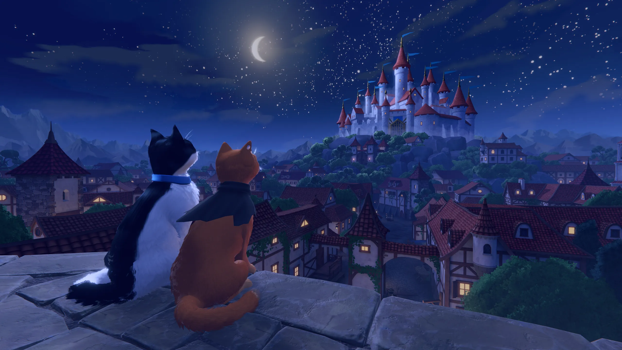 Two cats on a rooftop looking out at a moonlit castle town